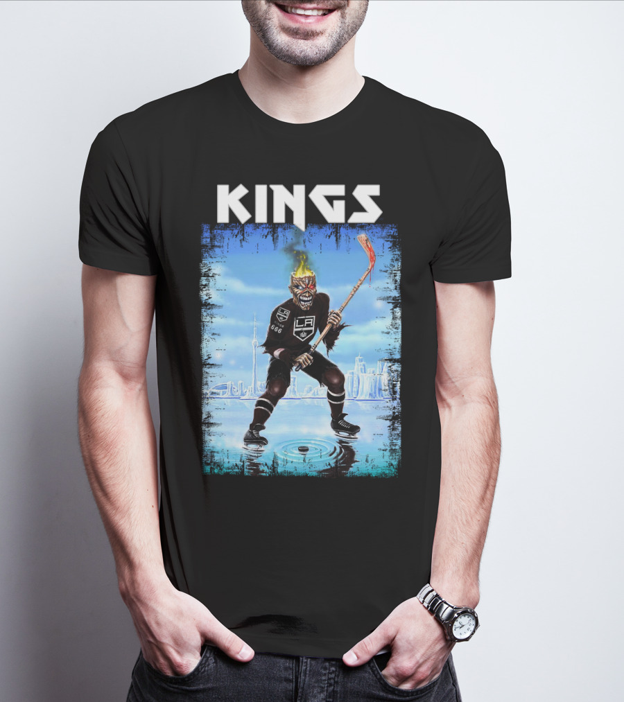 Kings Los Angeles Hockey Fiery Skull Player Ice Skating Scene T-Shirt
