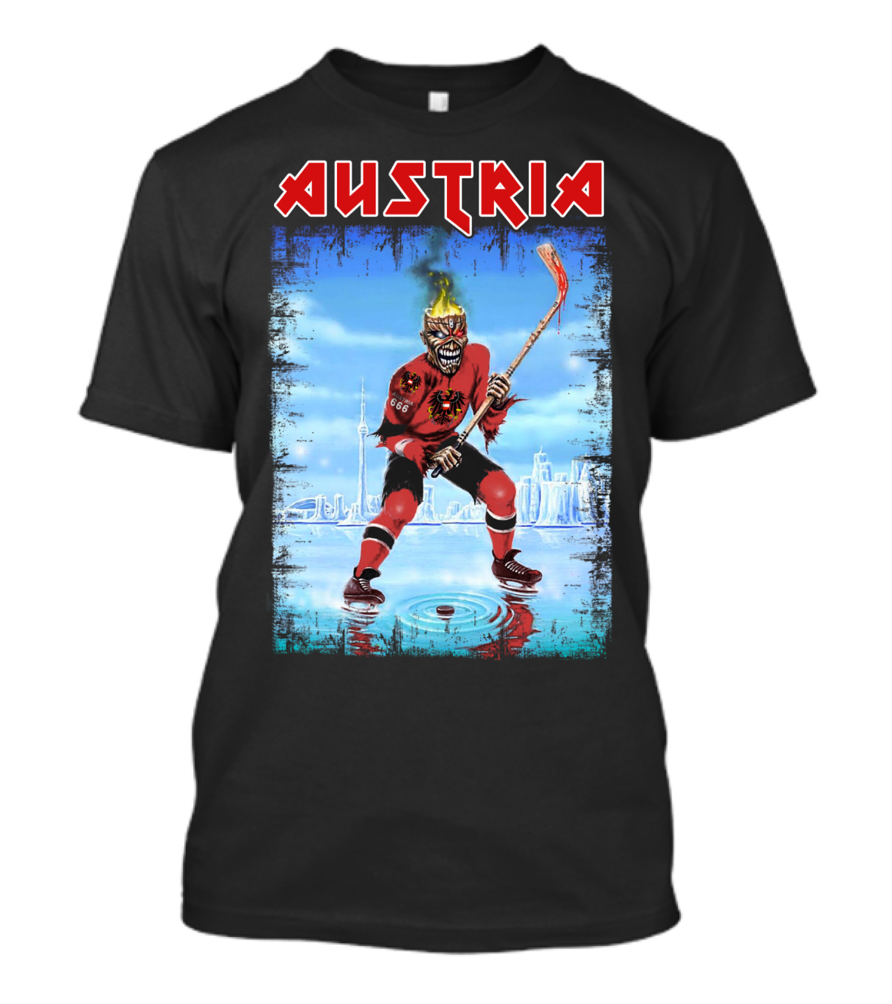 Austria Ice Hockey Burning Skull Fantasy Cityscape 666 Jersey T-Shirt