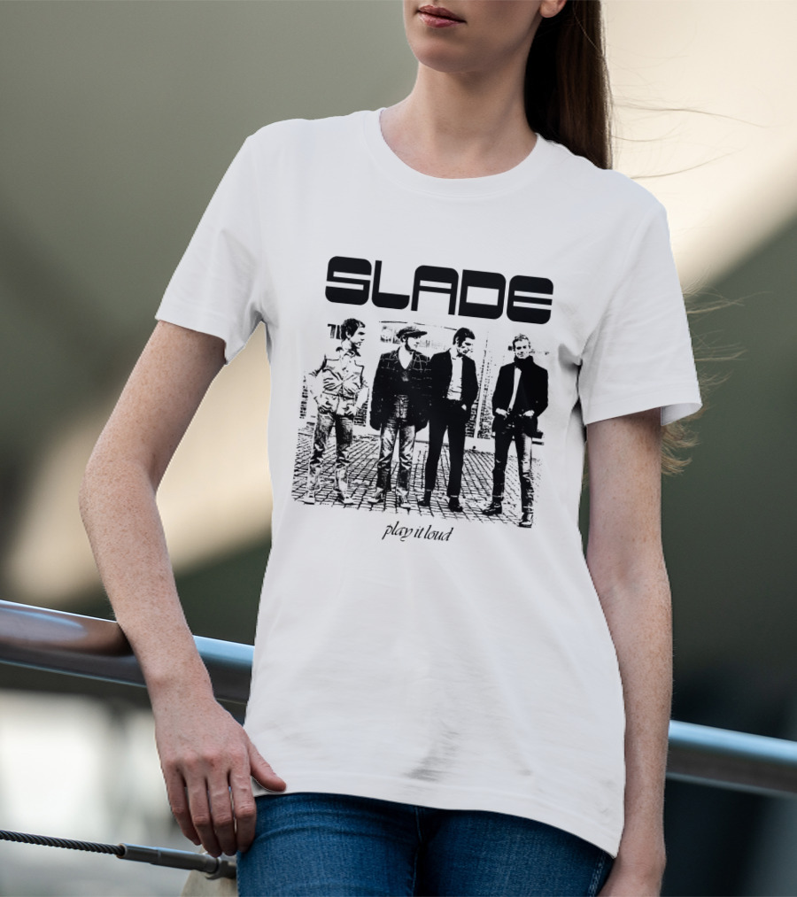 Slade Play It Loud Band Members Black And White Group Photo T-Shirt