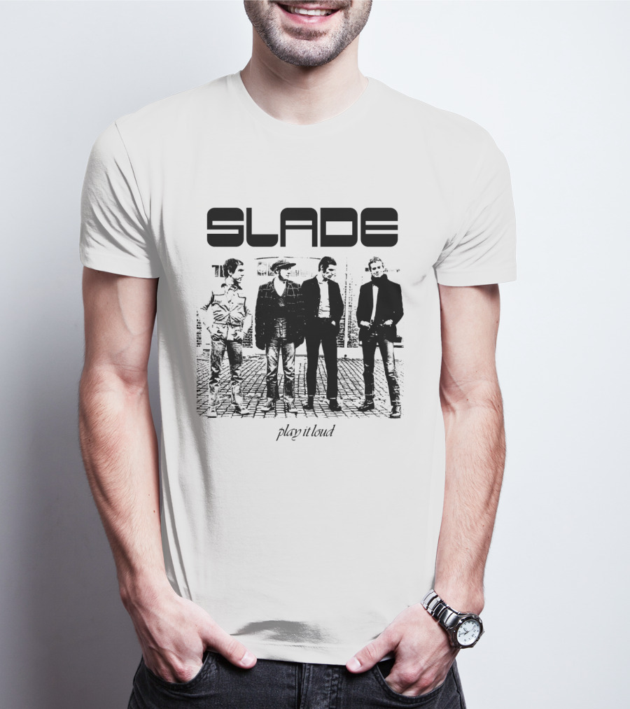 Slade Play It Loud Band Members Black And White Group Photo T-Shirt