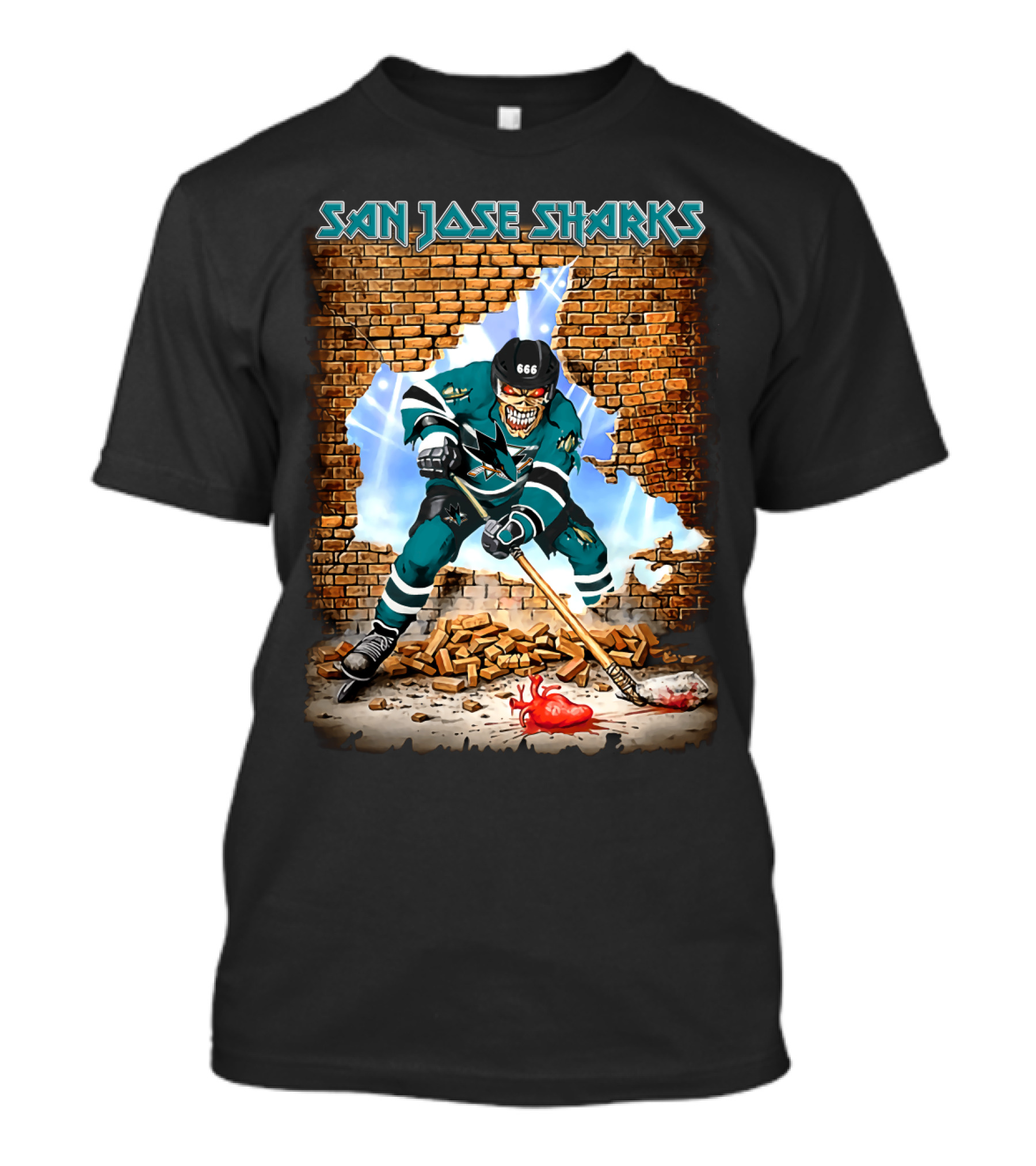 San Jose Sharks Skeleton Hockey Player Breaking Brick Wall T-Shirt