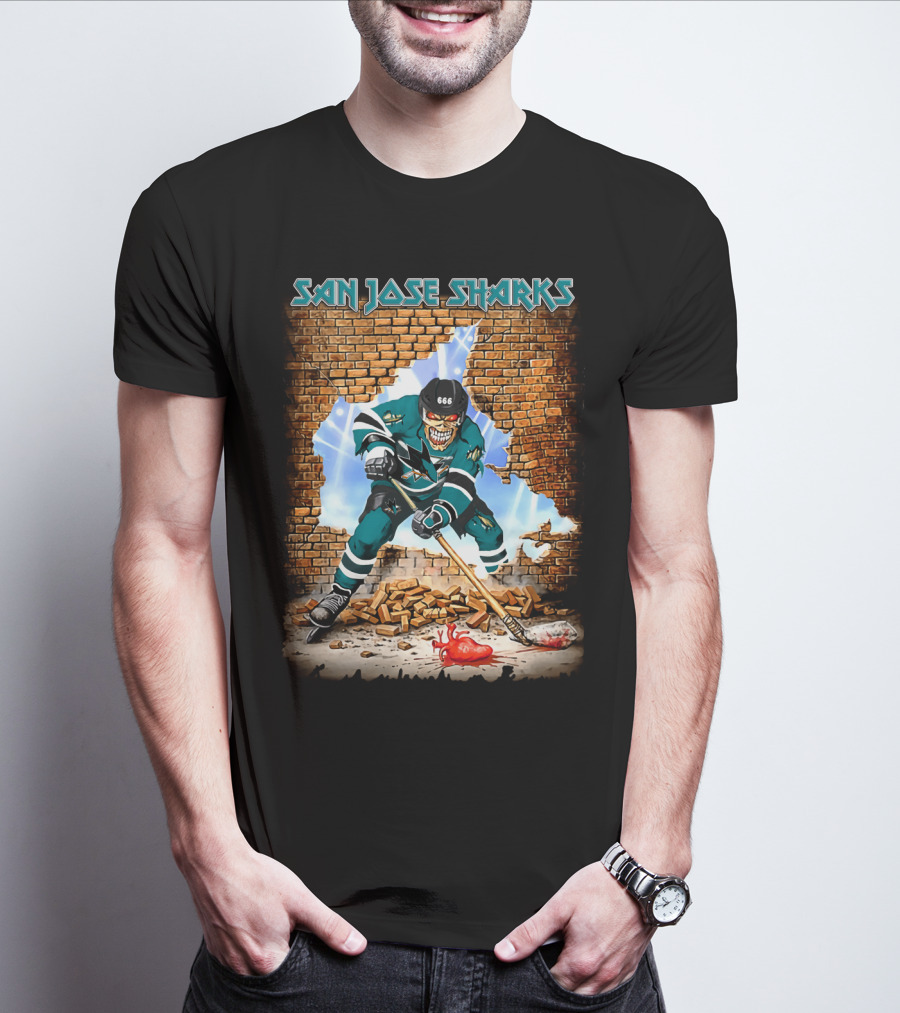 San Jose Sharks Skeleton Hockey Player Breaking Brick Wall T-Shirt