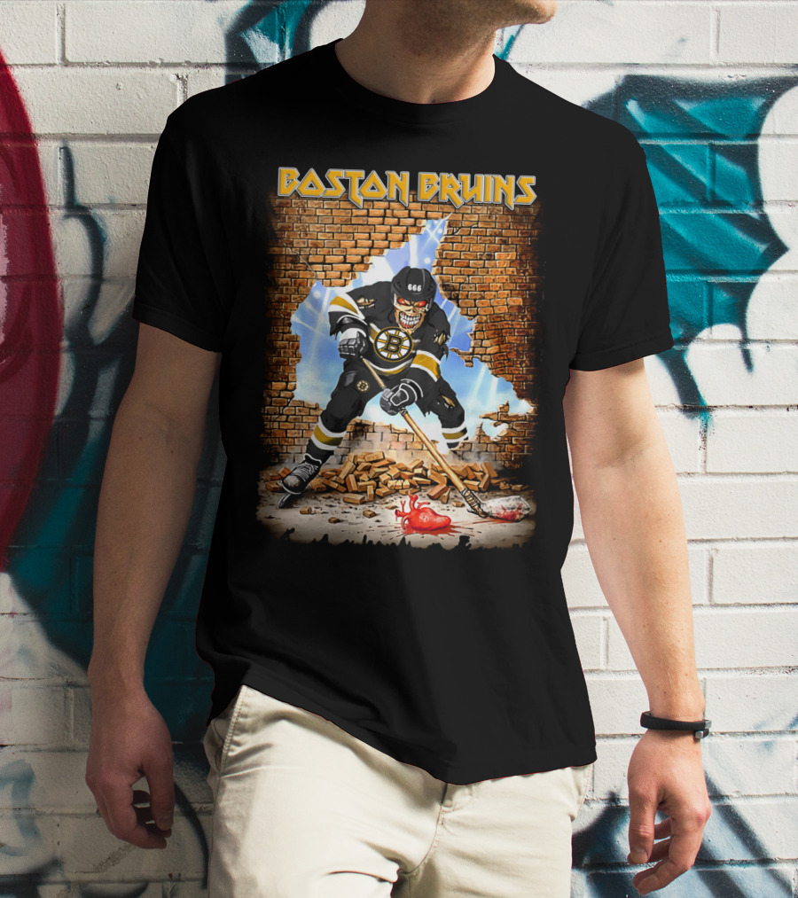 Boston Bruins Skeleton Hockey Player Breaking Through Wall T-Shirt