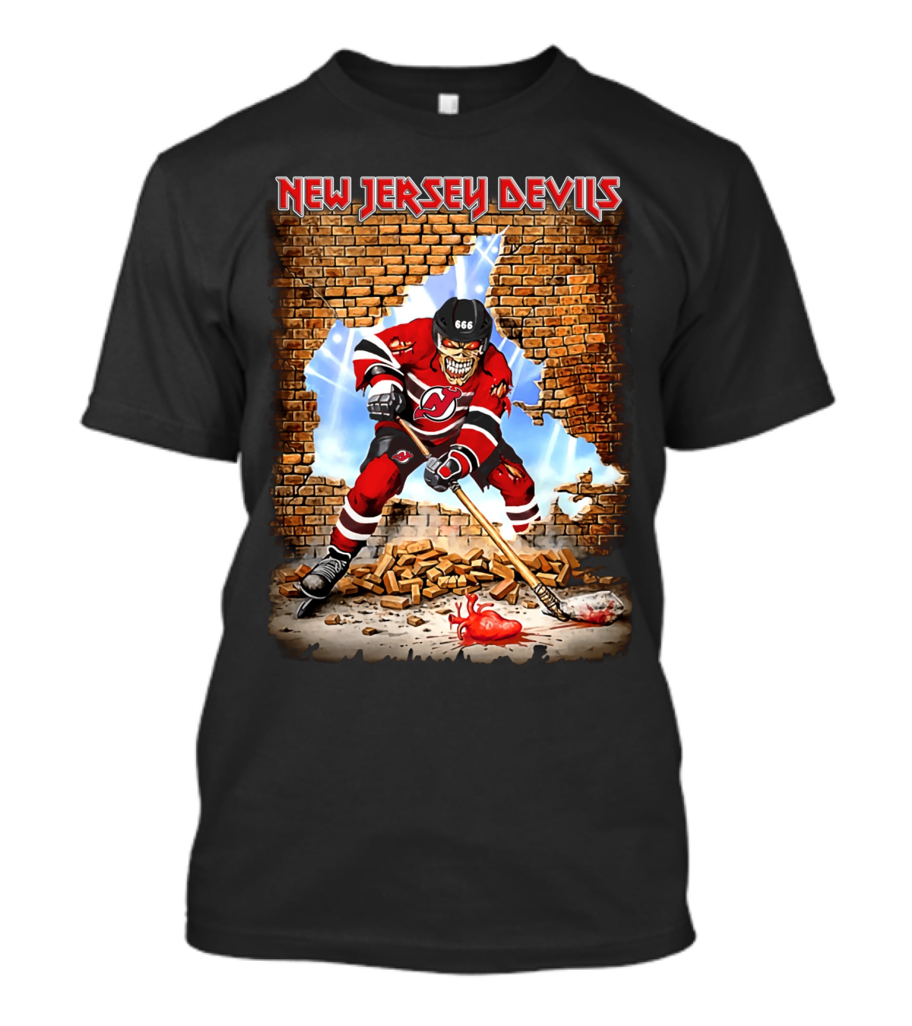 New Jersey Devils Hockey Skeleton Breaking Through Brick Wall T-Shirt