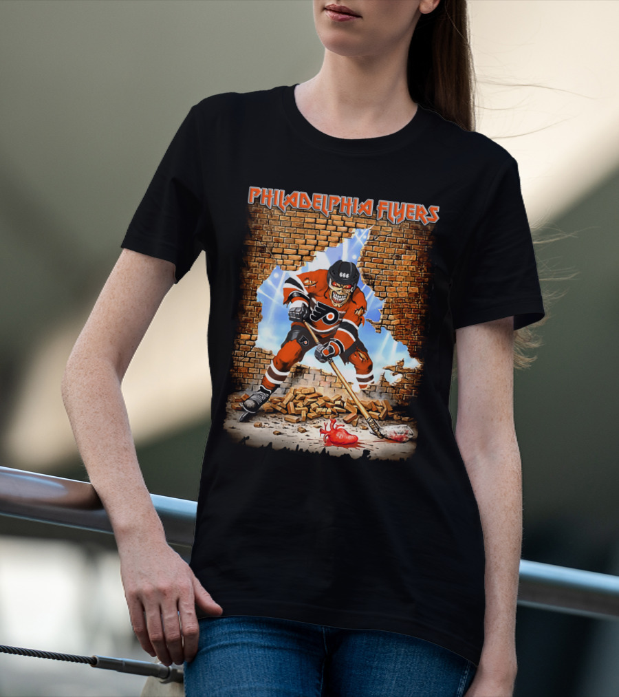 Philadelphia Flyers Skeleton Hockey Player Breaking Wall T-Shirt