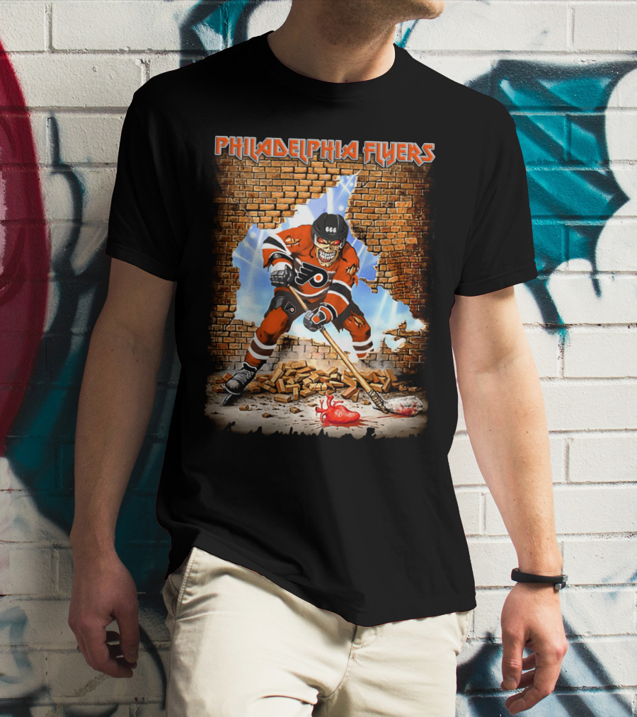 Philadelphia Flyers Skeleton Hockey Player Breaking Wall T-Shirt