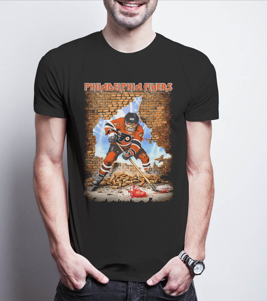 Philadelphia Flyers Skeleton Hockey Player Breaking Wall T-Shirt