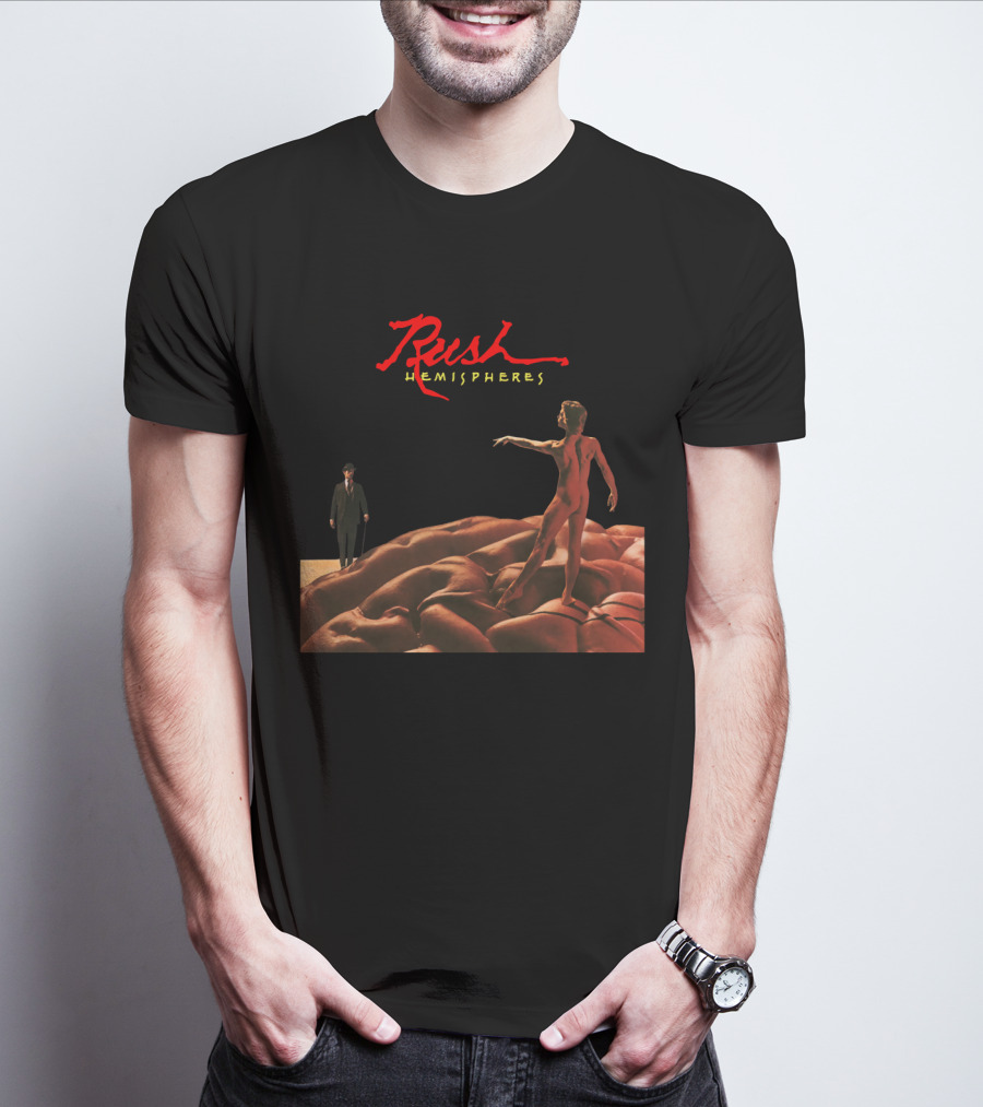 Rush Hemispheres Red Text Nude Figure On Brain With Man In Black Suit T-Shirt