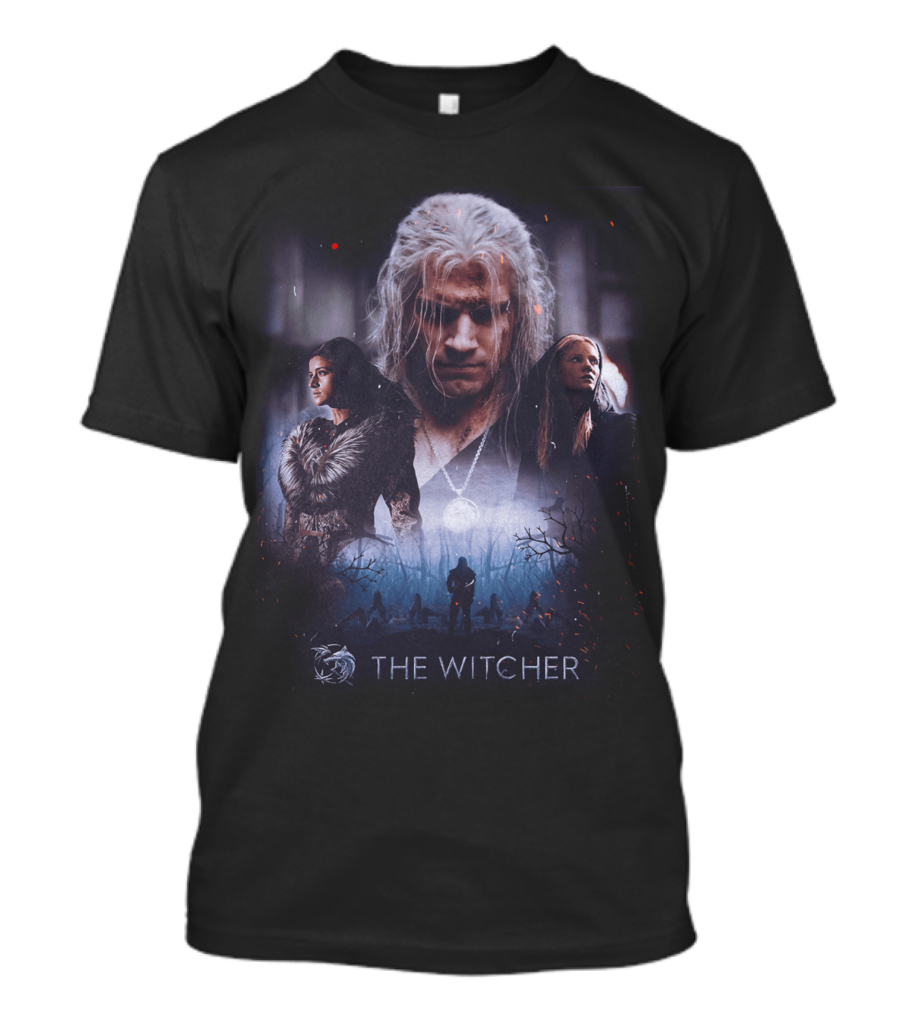 The Witcher Geralt Yennefer Ciri Dark Forest Scene T-Shirt