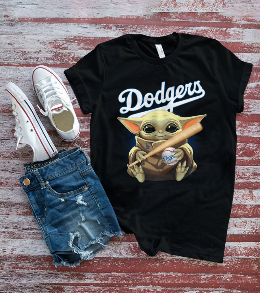 Dodgers Baby Yoda Holding Baseball Bat And Ball T-Shirt