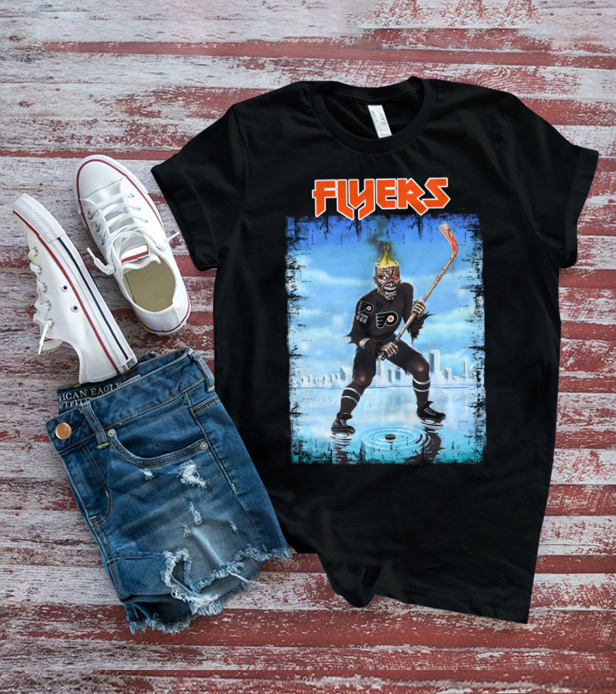Flyers Hockey Demon With Flaming Head And Stick In Ice City Background T-Shirt