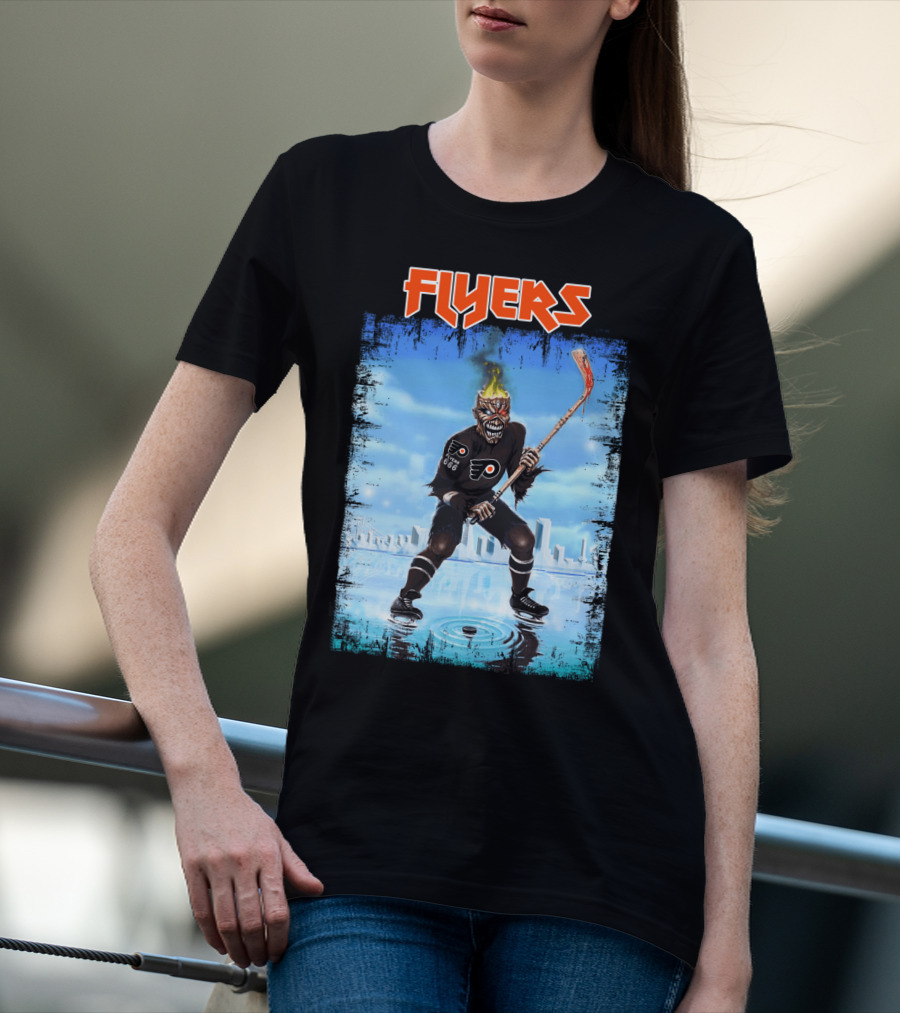 Flyers Hockey Demon With Flaming Head And Stick In Ice City Background T-Shirt