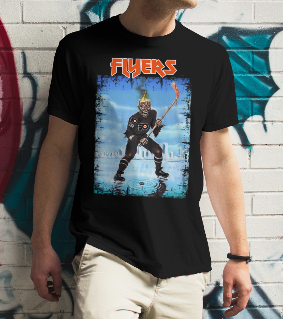 Flyers Hockey Demon With Flaming Head And Stick In Ice City Background T-Shirt