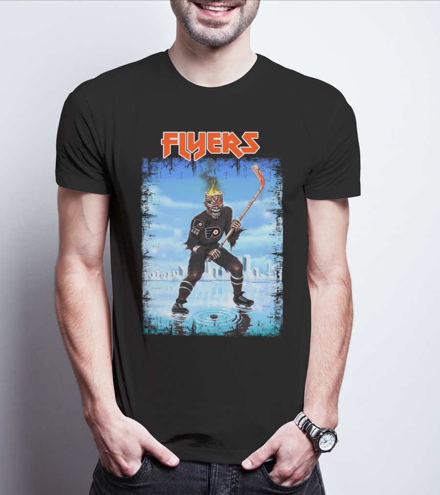 Flyers Hockey Demon With Flaming Head And Stick In Ice City Background T-Shirt