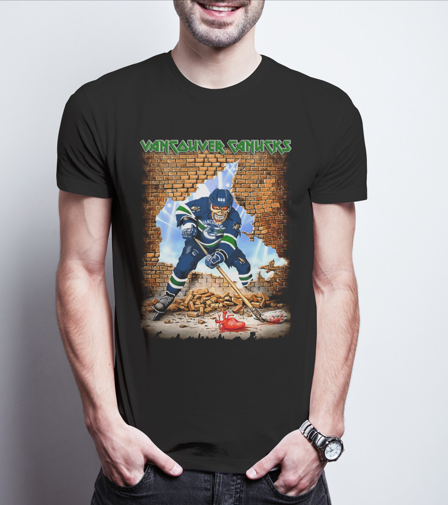Vancouver Canucks Hockey Player Breaking Through Wall With Skull Mask And 666 Helmet T-Shirt