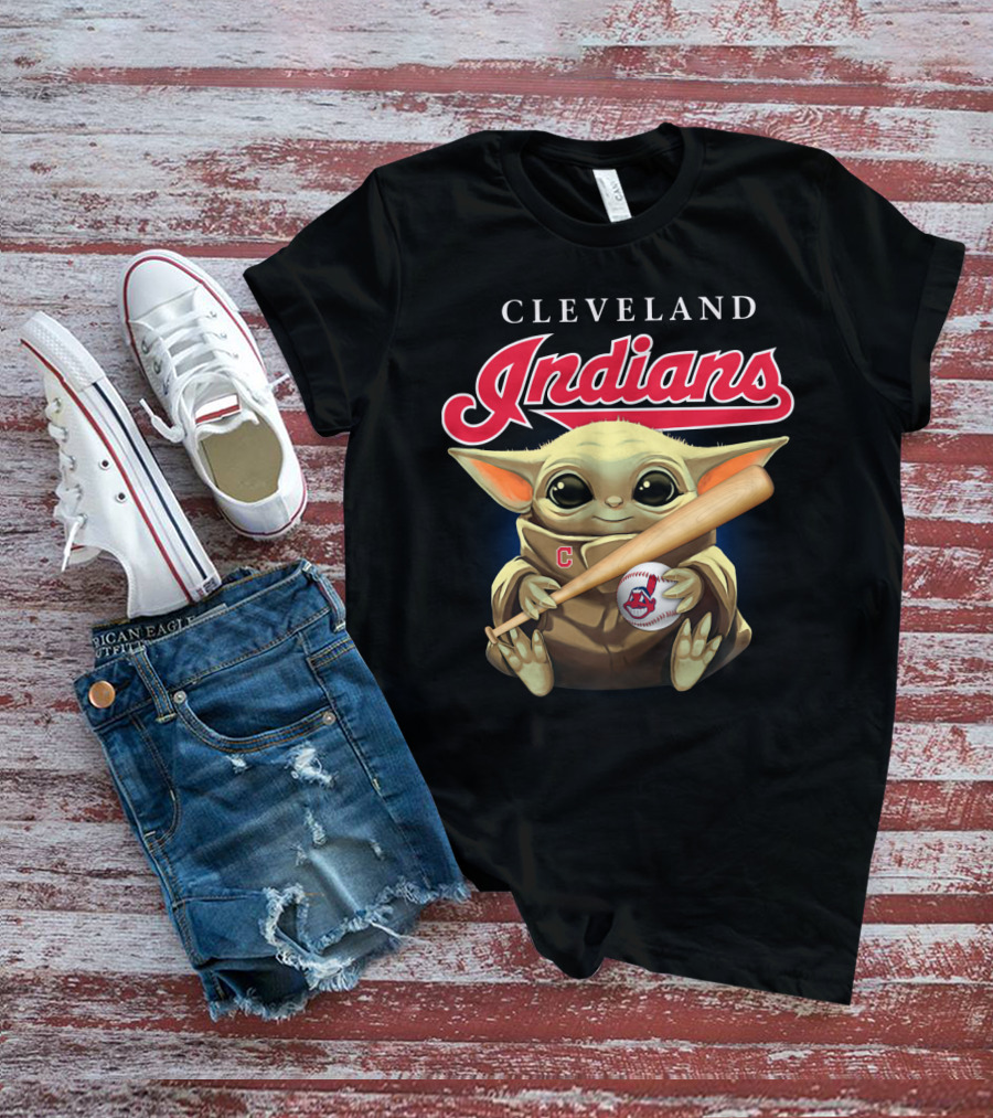 Cleveland Indians Baby Yoda Baseball Bat And Ball T-Shirt