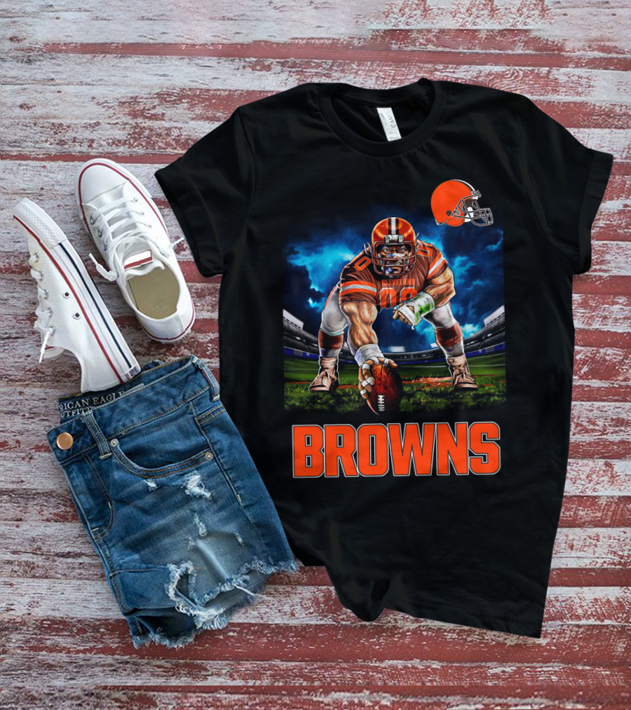 Cleveland Browns Nfl 3 Point Stance Football Player Stadium Scene T-Shirt