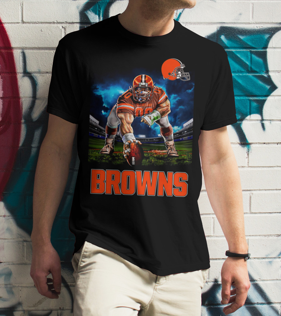 Cleveland Browns Nfl 3 Point Stance Football Player Stadium Scene T-Shirt