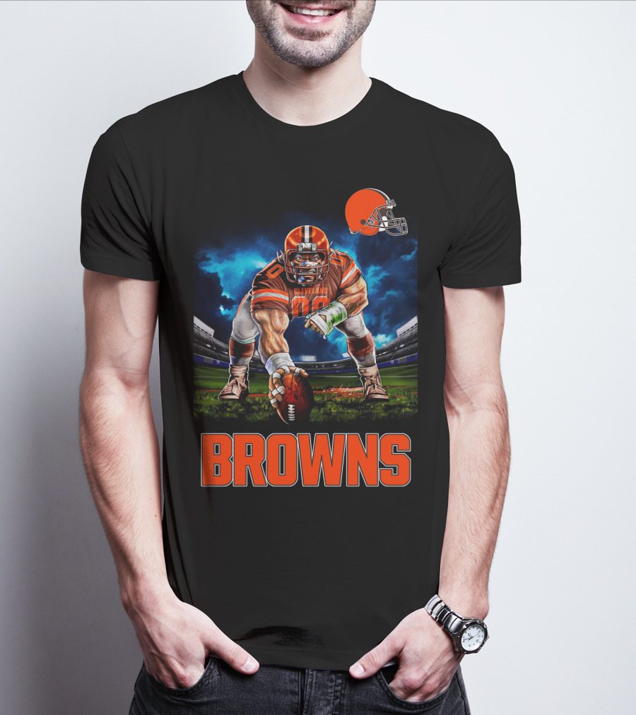 Cleveland Browns Nfl 3 Point Stance Football Player Stadium Scene T-Shirt