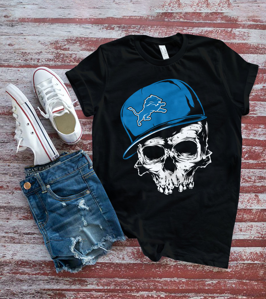 Detroit Lions Skull With Blue Cap Featuring Iconic Team T-Shirt