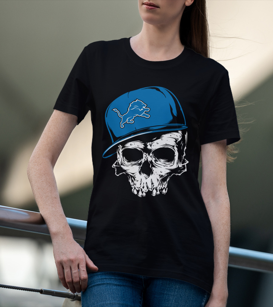 Detroit Lions Skull With Blue Cap Featuring Iconic Team T-Shirt