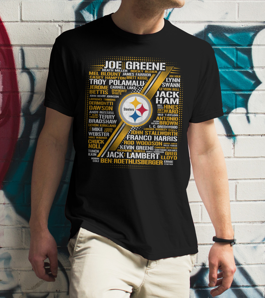 Joe Greene Troy Polamalu Jerome Bettis Steelers Iconic Names Collage T-Shirt