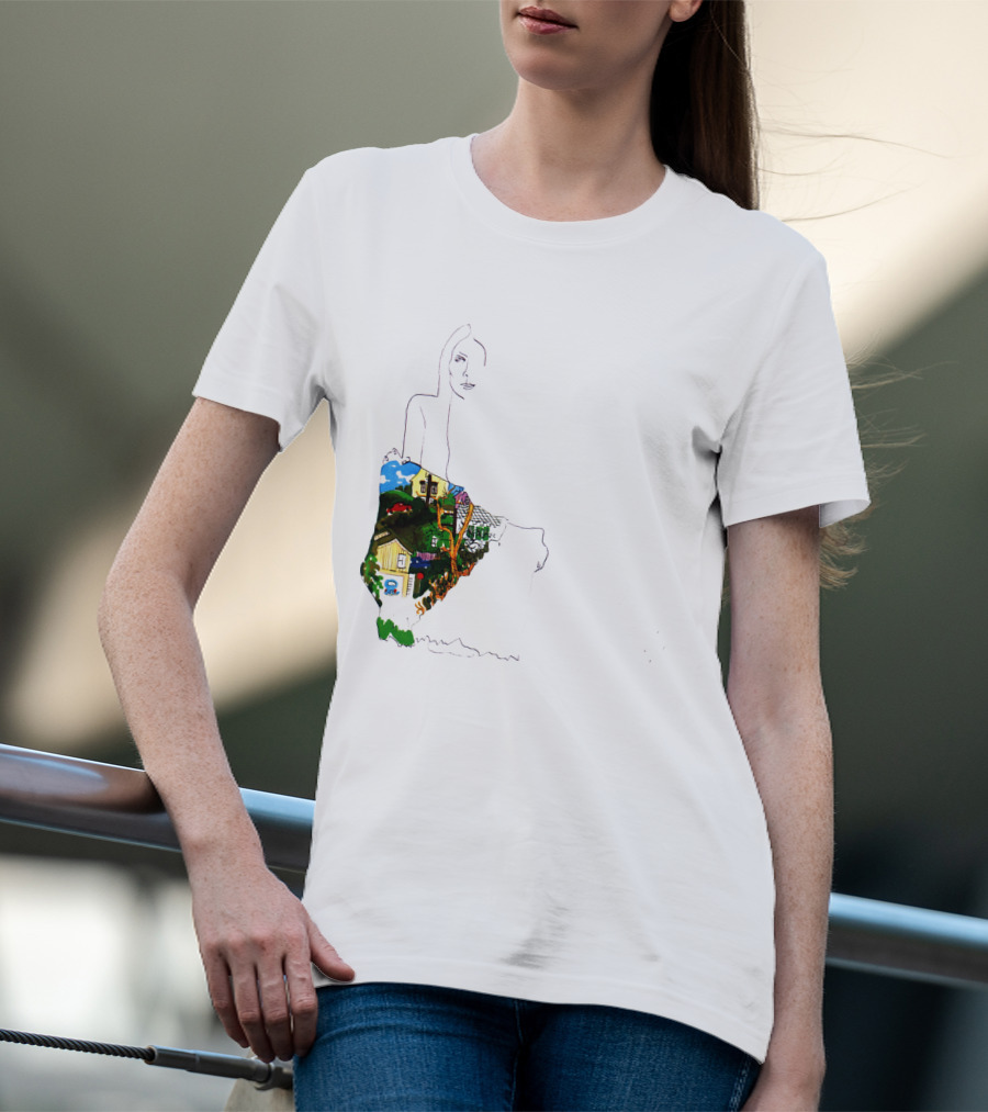 Jnmc 03 Ladies Of The Canyon Line Art With Colorful Houses And Nature Scene T-Shirt