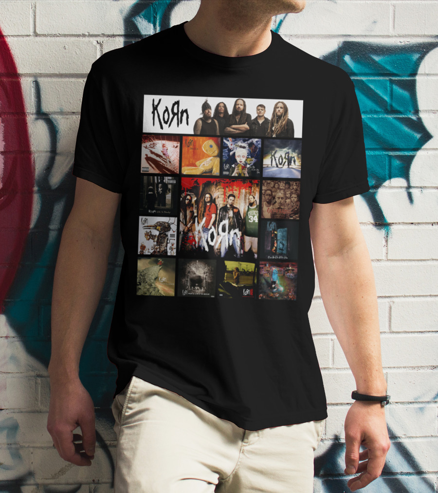 Korn Greatest Hits Collection Featuring Classic Album Covers And Band Members T-Shirt