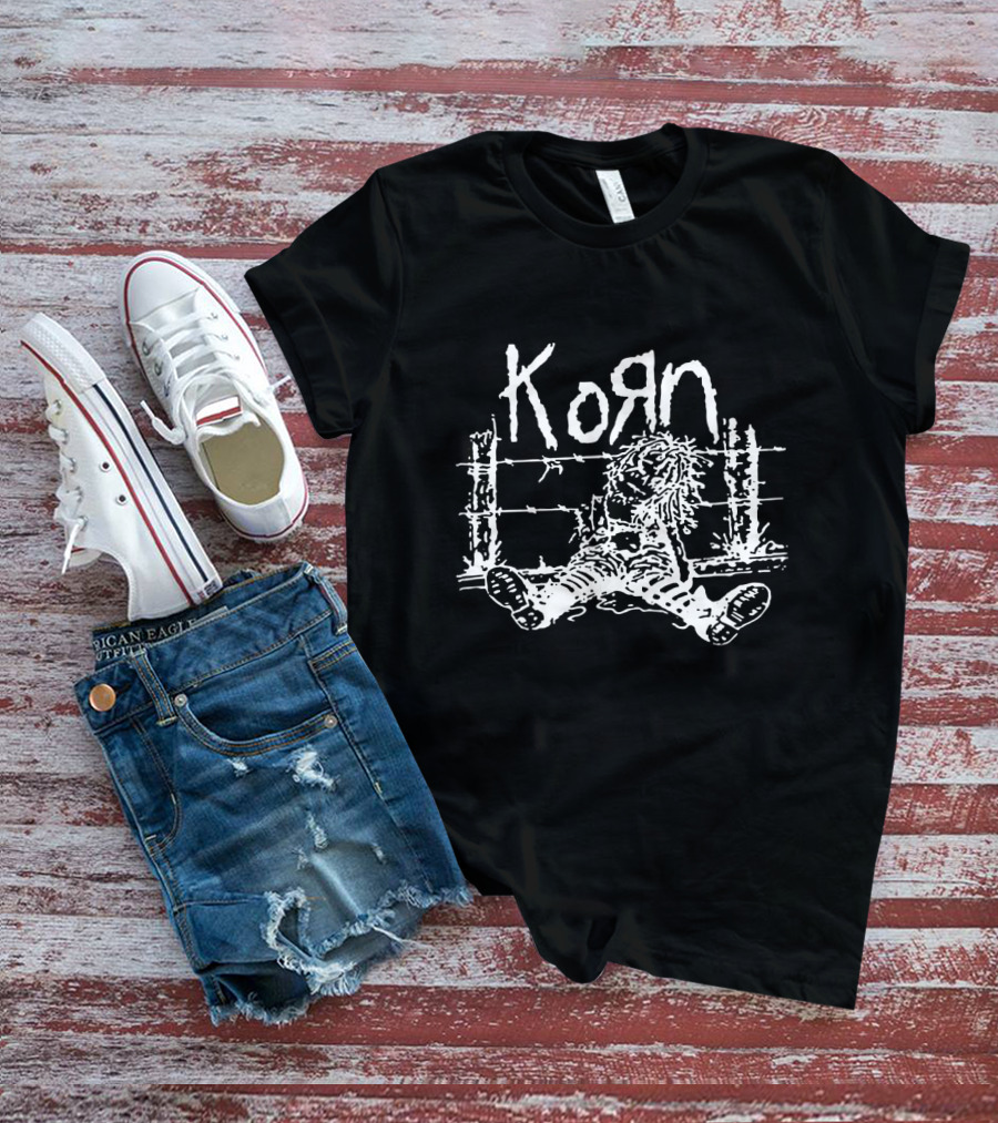 Korn Grunge Style Sitting Figure With Barbed Wire Background T-Shirt