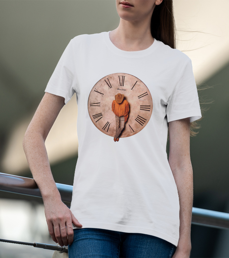 Cowboy Hat Fringed Jacket Leaning On Roman Numeral Clockface This Time T-Shirt