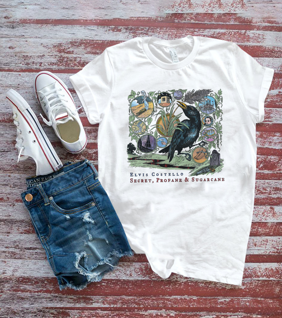 Elvis Costello Secret Profane And Sugarcane Blackbird And Icons T-Shirt