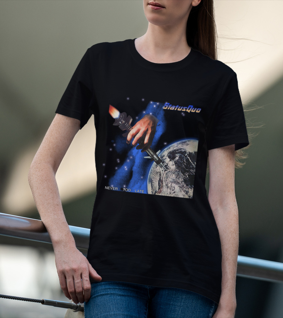 Status Quo Never Too Late Album Cover Space Hand Rocket Earth T-Shirt