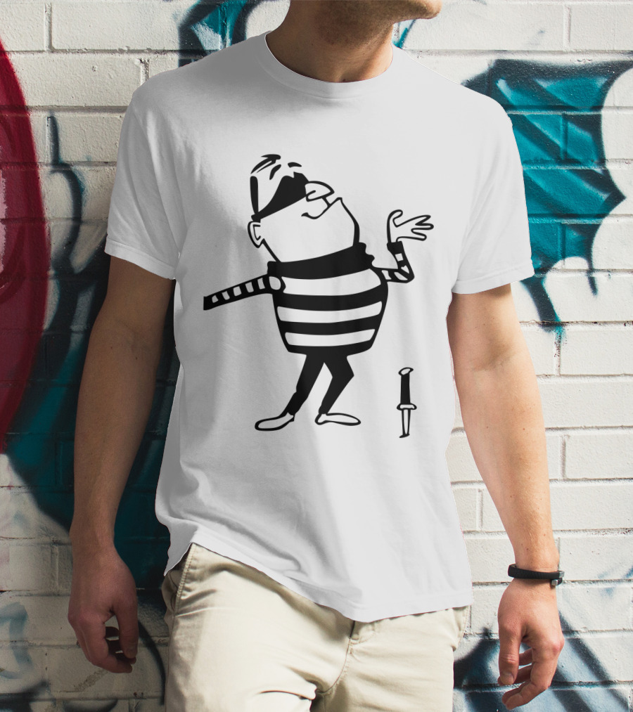 Burglar Cartoon Outline With Striped Shirt And Knife T-Shirt
