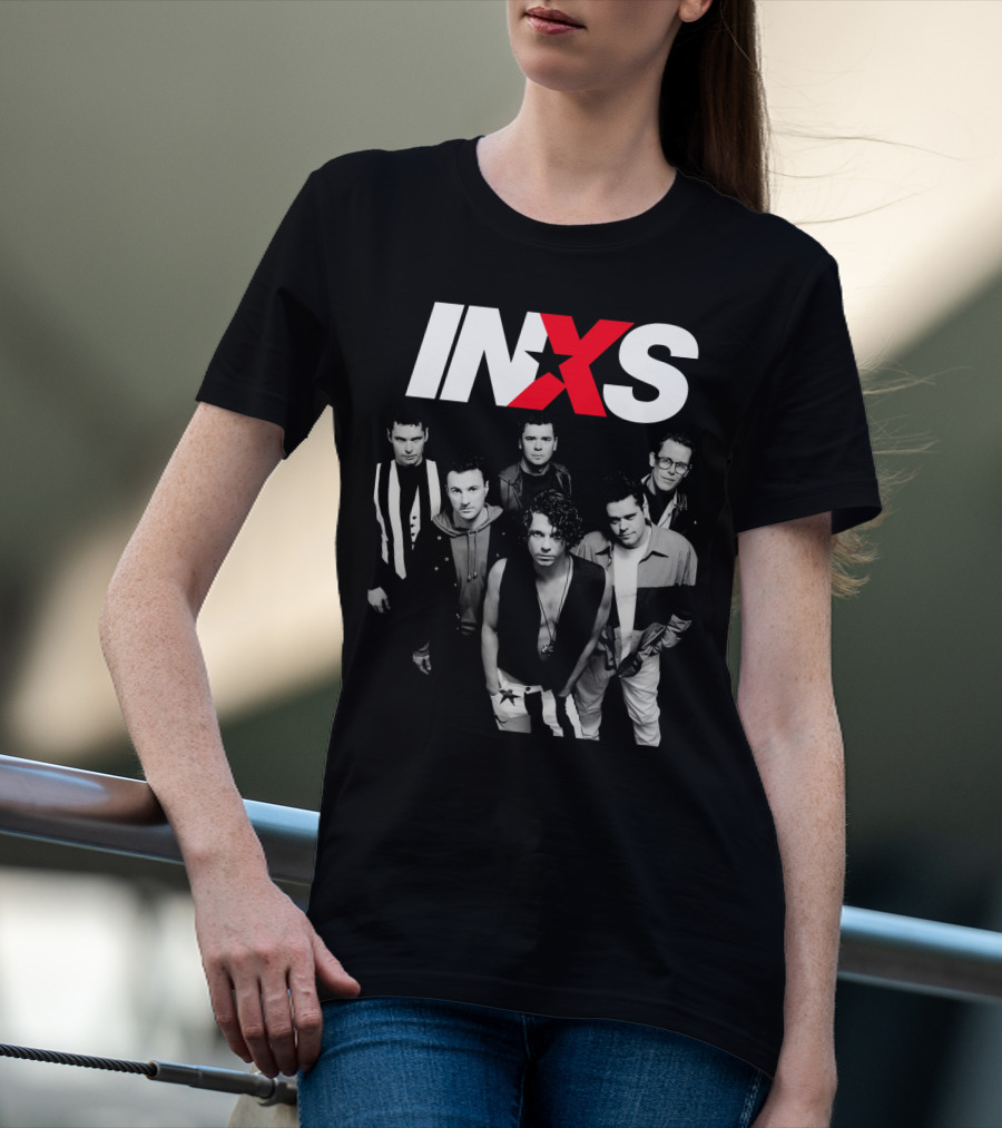 Inxs Band Black And White Group Photo With Red T-Shirt