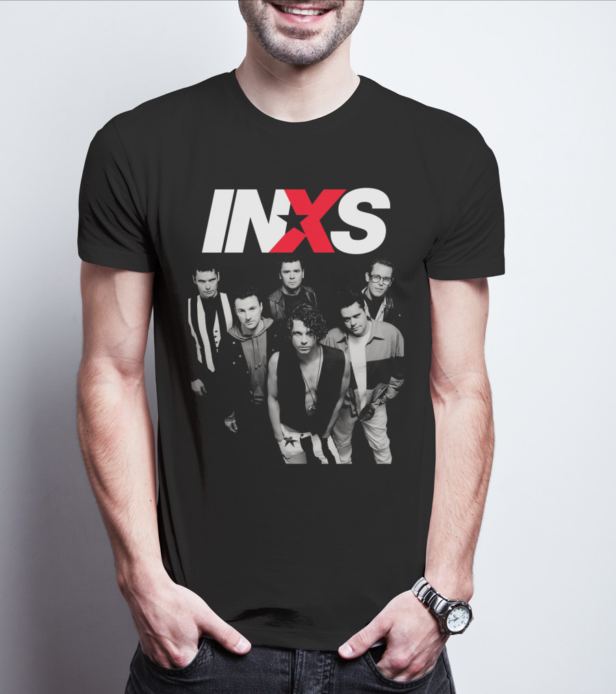 Inxs Band Black And White Group Photo With Red T-Shirt