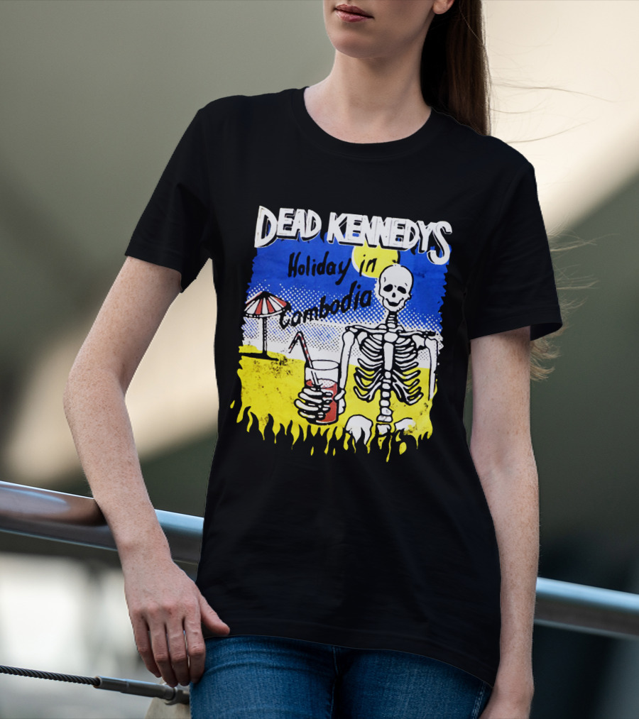 Dead Kennedys Holiday In Cambodia Skeleton Drink Umbrella Scene T-Shirt