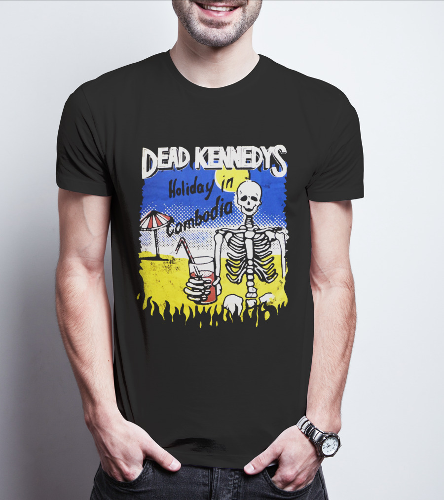 Dead Kennedys Holiday In Cambodia Skeleton Drink Umbrella Scene T-Shirt