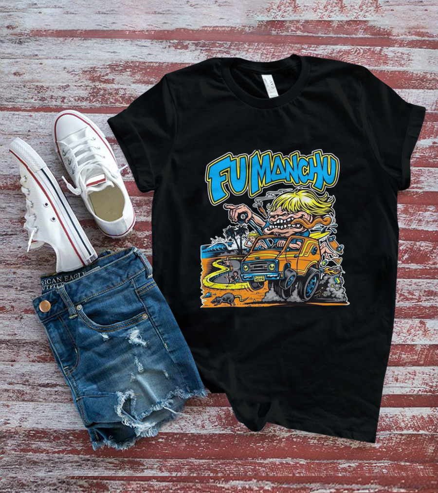 Fu Manchu Surf Adventure Vintage Car Beach Scene T-Shirt