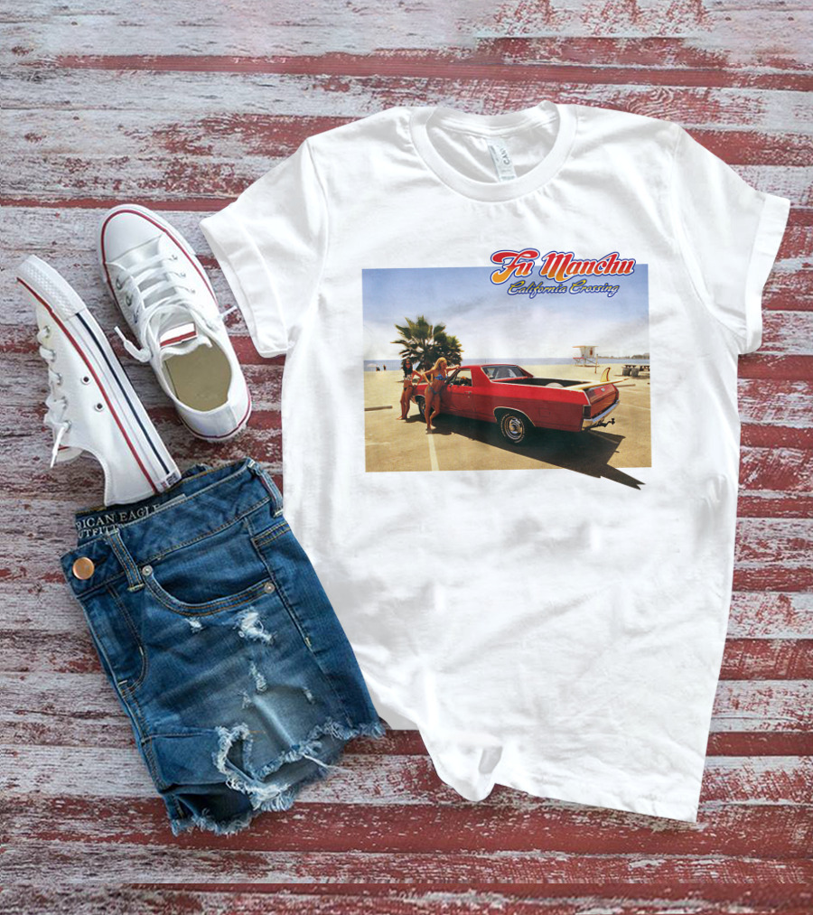 Fu Manchu California Crossing Red Car Beach Scene T-Shirt