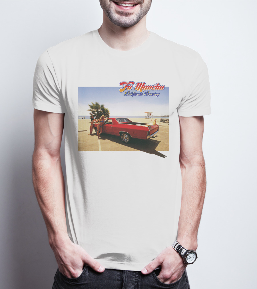 Fu Manchu California Crossing Red Car Beach Scene T-Shirt