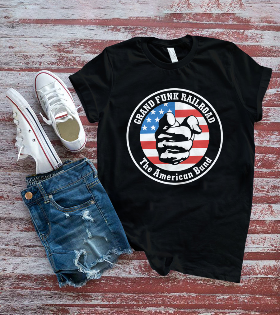 Grand Funk Railroad The American Band Logo With Pointing Hand On Usa Flag T-Shirt