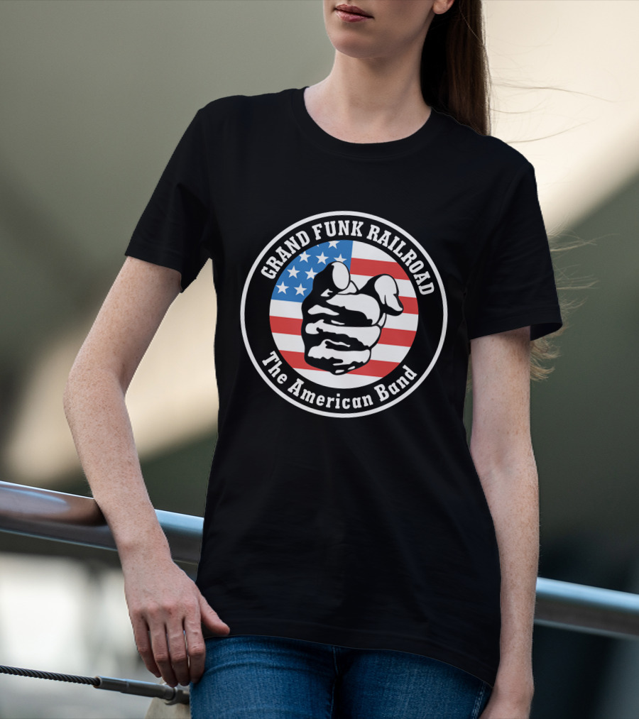Grand Funk Railroad The American Band Logo With Pointing Hand On Usa Flag T-Shirt