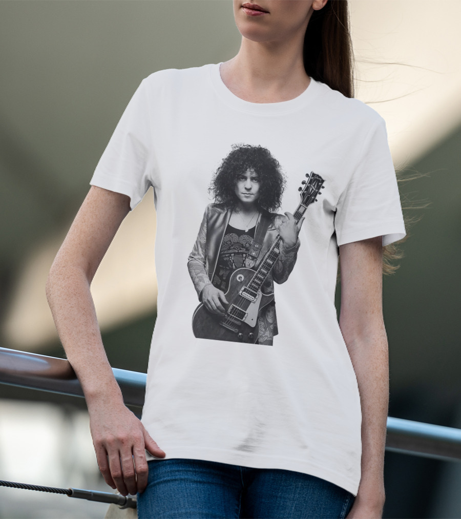 Marc Bolan With Gibson Les Paul Guitar Iconic Black And White T-Shirt
