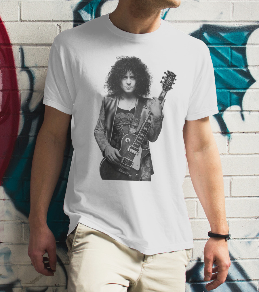 Marc Bolan With Gibson Les Paul Guitar Iconic Black And White T-Shirt