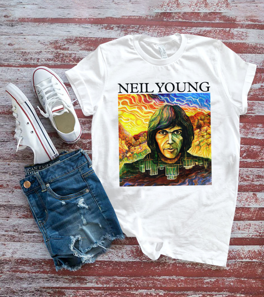 Neil Young Vibrant Portrait And Cityscape Fusion T-Shirt