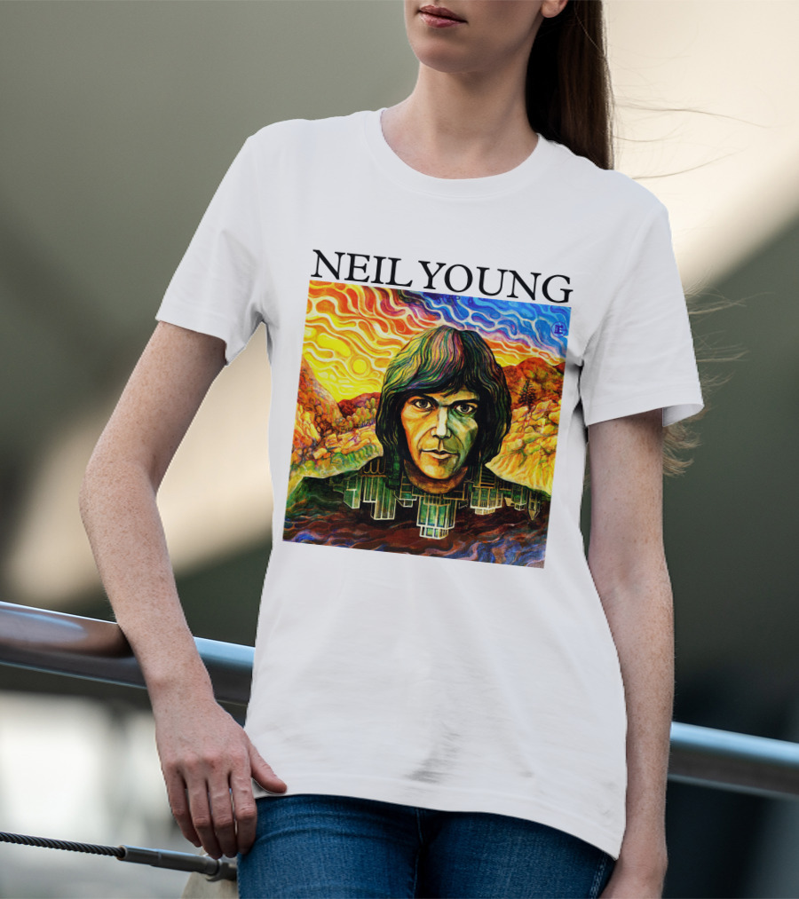 Neil Young Vibrant Portrait And Cityscape Fusion T-Shirt