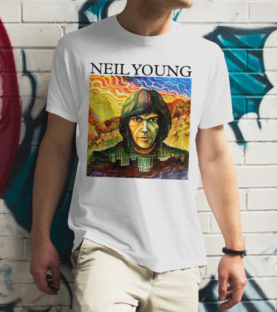 Neil Young Vibrant Portrait And Cityscape Fusion T-Shirt