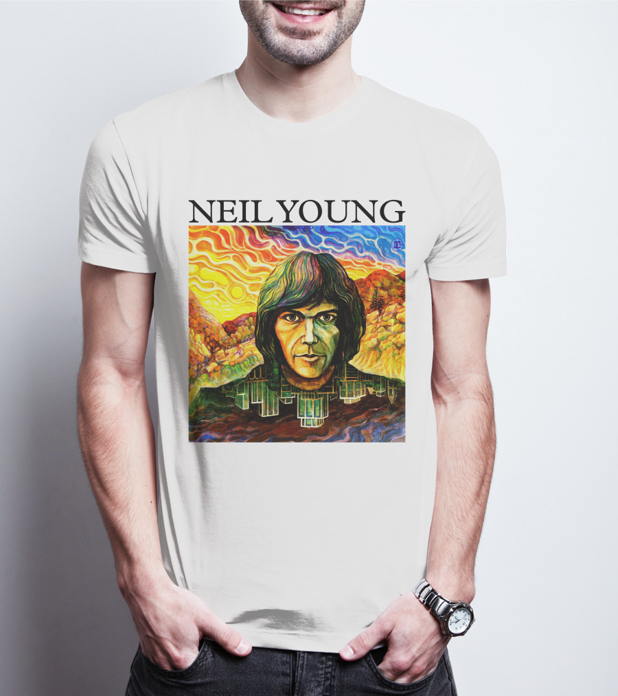 Neil Young Vibrant Portrait And Cityscape Fusion T-Shirt