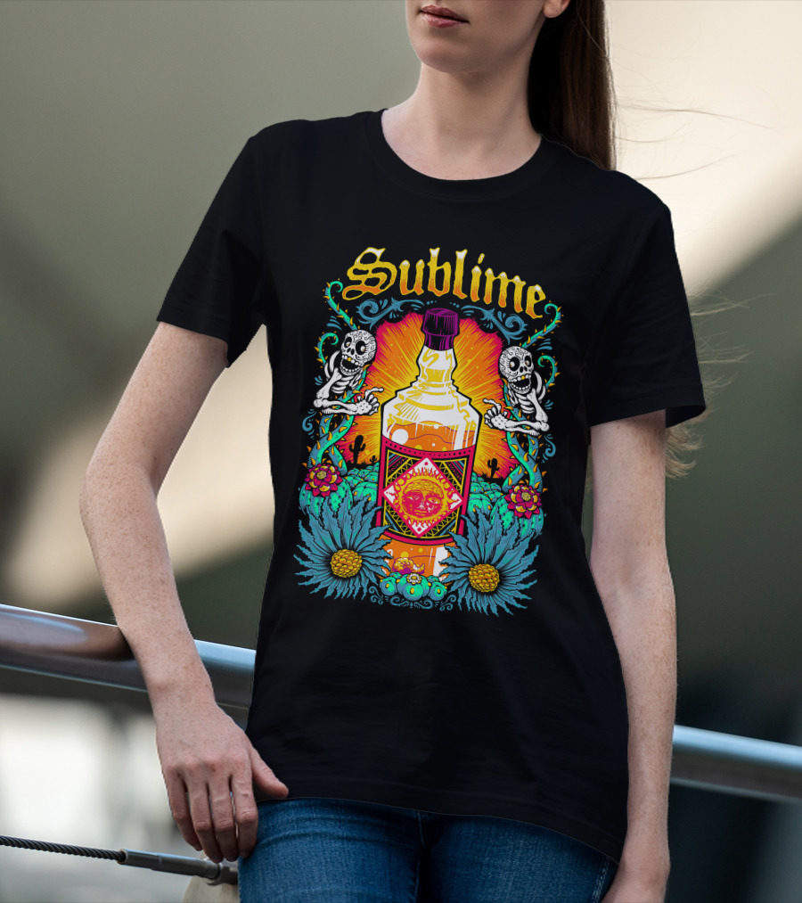Sublime Skeletons And Cactus With Bottle Sunburst T-Shirt