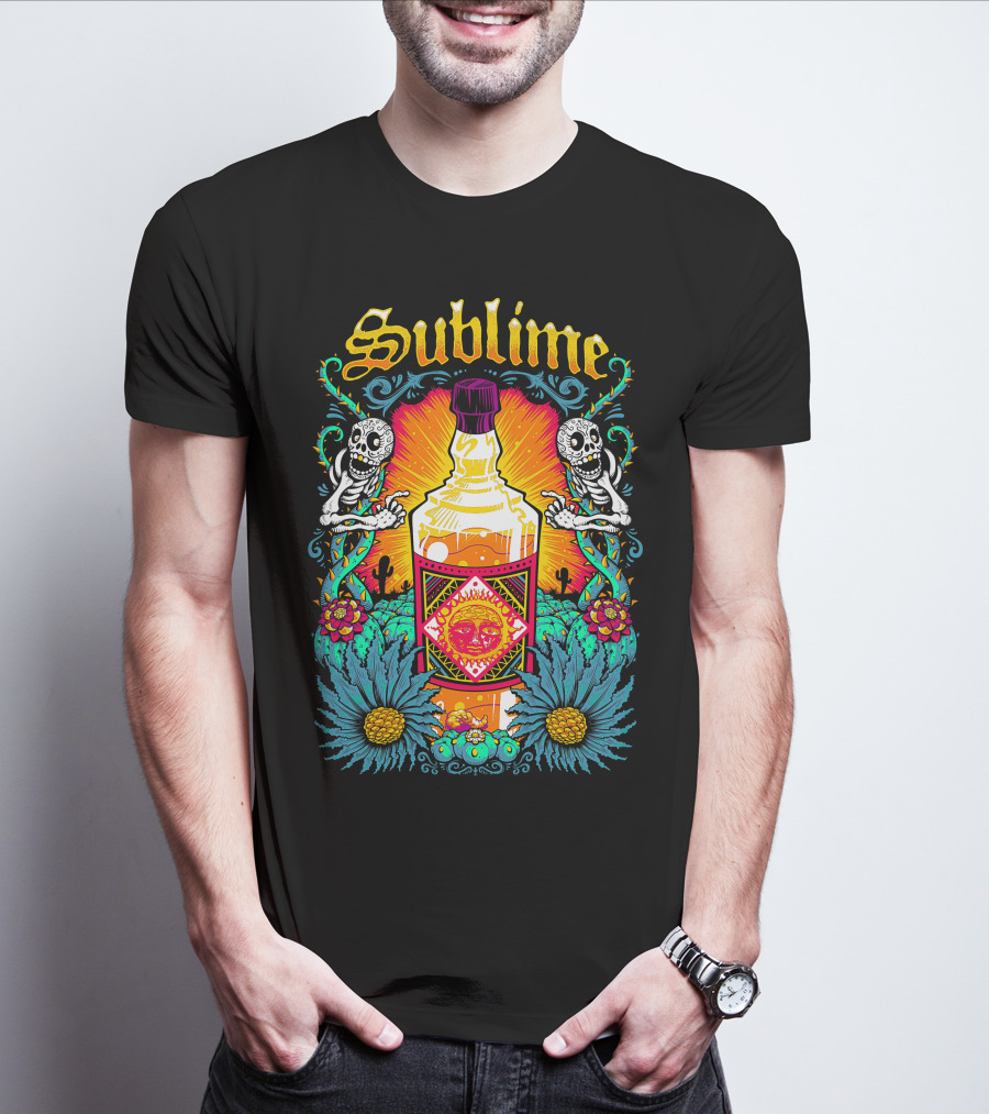 Sublime Skeletons And Cactus With Bottle Sunburst T-Shirt